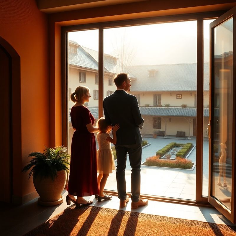 Silueta unei familii la fereastră, într-o curte transilvăneană, în lumina caldă a după-amiezii