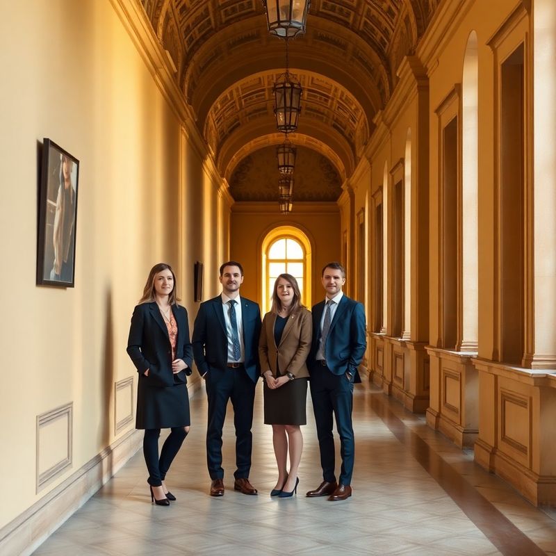 Trei consultanți într-un coridor luminos, cu detalii arhitecturale cărbune și auriu