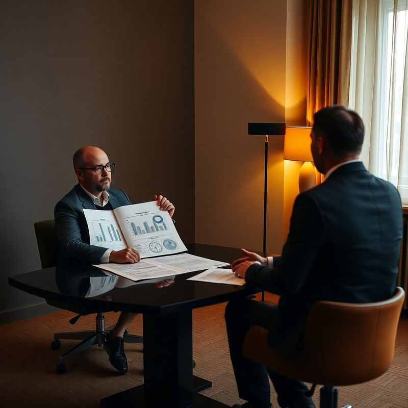 Consultant senior într-o discuție într-un birou minimal cu accente cărbune și auriu